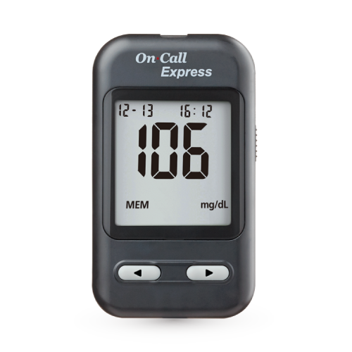 On Call Kit de prueba de diabetes Express - Medidor de glucosa en sangre,  10 tiras de análisis de sangre, 1 dispositivo de punción, lancetas de 1.06